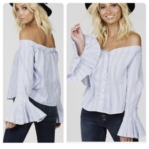 FREE PEOPLE March To the Beat Off Shoulder Top Blue White Striped Size Small